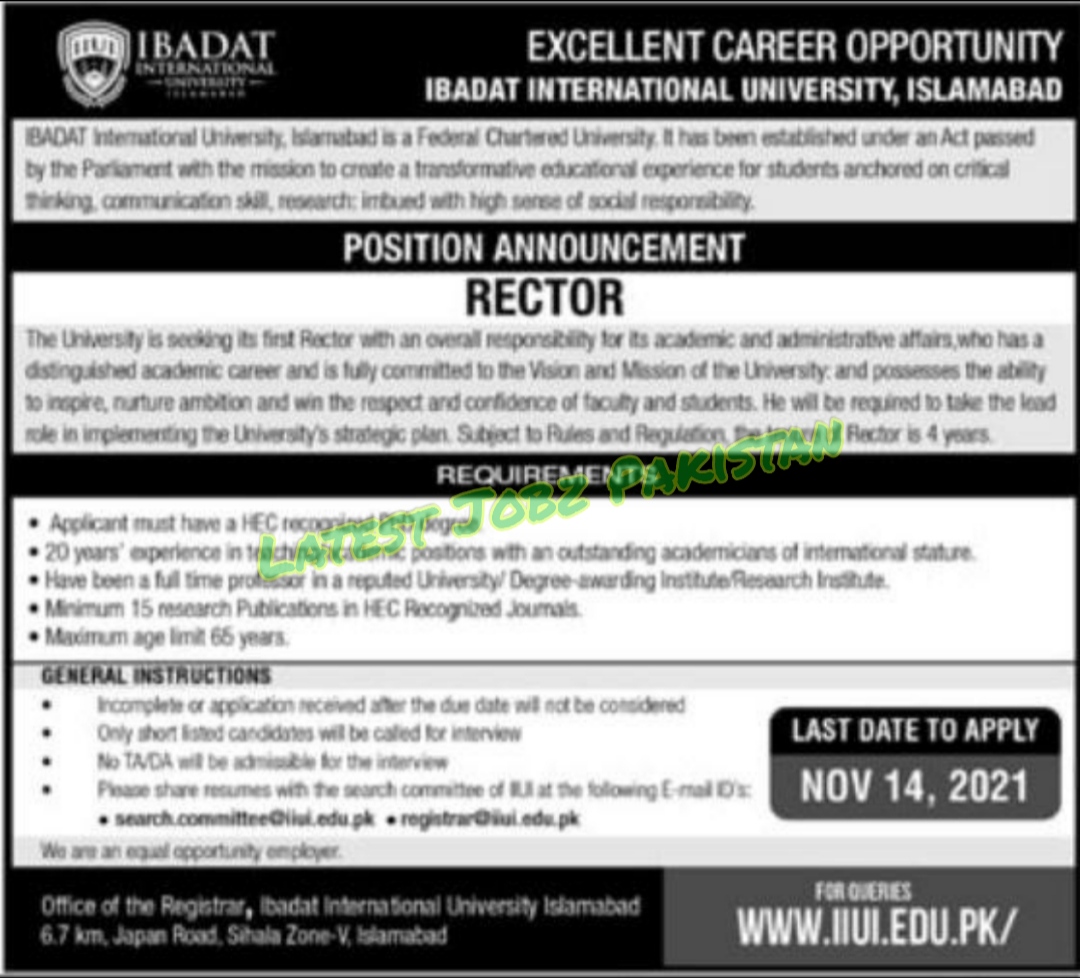 Latest Jobs in Ibadat International University 2021