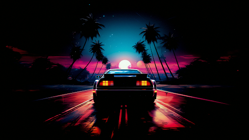 In this image, we see a stunning night scene with a car driving on a road surrounded by palm trees. The dominant colors in the image are black and shades of blue, creating an eerie yet captivating atmosphere. The car's headlights illuminate the dark road ahead, while the red taillights add a pop of color to the otherwise monochromatic landscape.