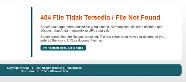 BNI Internet Banking 404 File Tidak Ditemukan