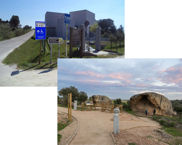 Dos imágenes superpuestas que muestras mejoras de accesibilidad en el entorno de los Barruecos, como señalización y mejoras en las vías, aérea de descanso y maqueta tiflológica del monumento natural.