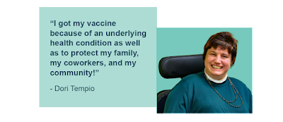 Dori Tempio picture and quote about why she got the COVID 19 vaccine.