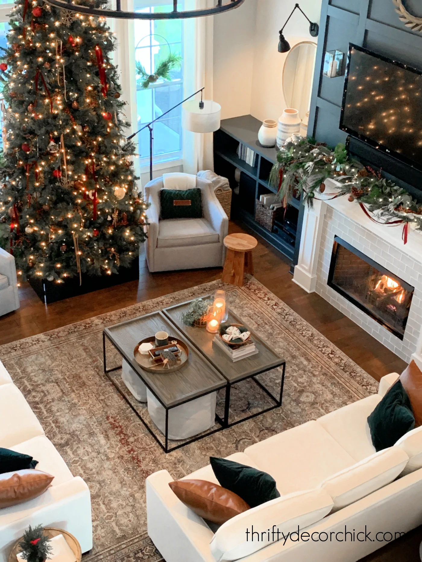 family room layout with Christmas tree