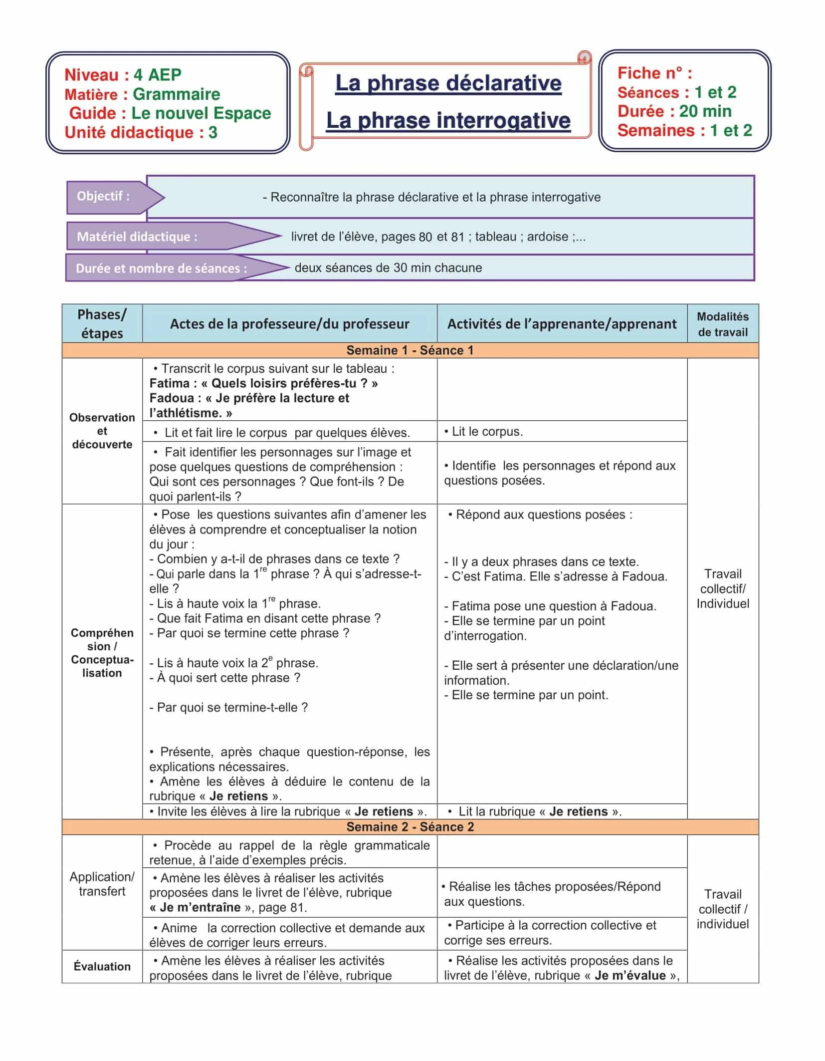 Fiche la phrase déclarative interrogative 4aep