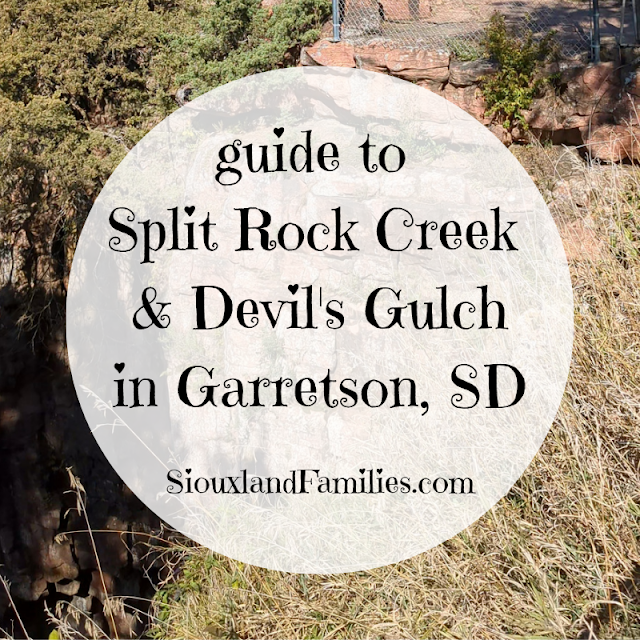 in background, trees and Sioux quartzite cliffs. In foreground, the post title "guide to Split Rock Creek and Devil's Gulch in Garretson, SD by SiouxlandFamilies.com"