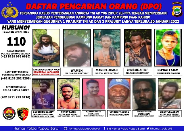 Polda Papua Barat dan Jajaran Sebar 11 DPO Kasus Penembakan Anggota TNI AD Yon Zipur 20/PPA 