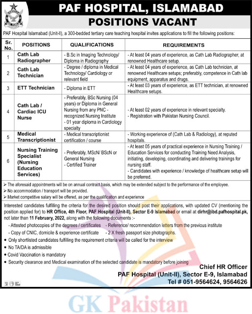 PAF HOSPITAL, ISLAMABAD Jobs 2022 Apply Now