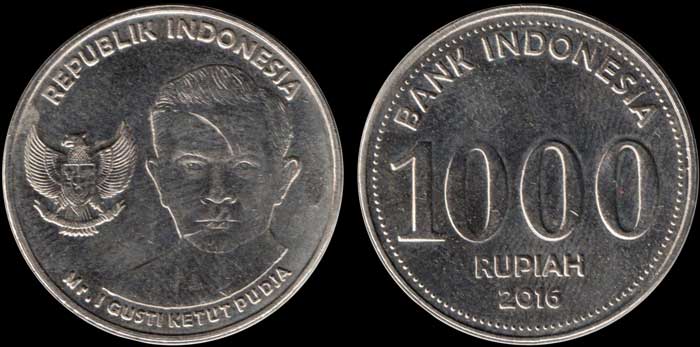 Indonesian Rupiah Coin KM-74 Mr. I Gusti Ketut Pudja, Garuda Pancasila 1000 rupiah 2016
