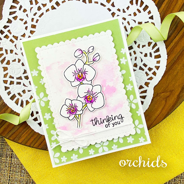 Thinking of You card by Jennifer Jackson | Orchids Stamp Set, Petite Flowers Stencil and Framework Die Set by Newton's Nook Designs