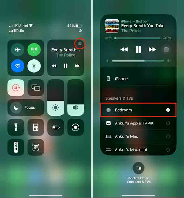 AirPlay إلى HomePod من مركز التحكم في iPhone