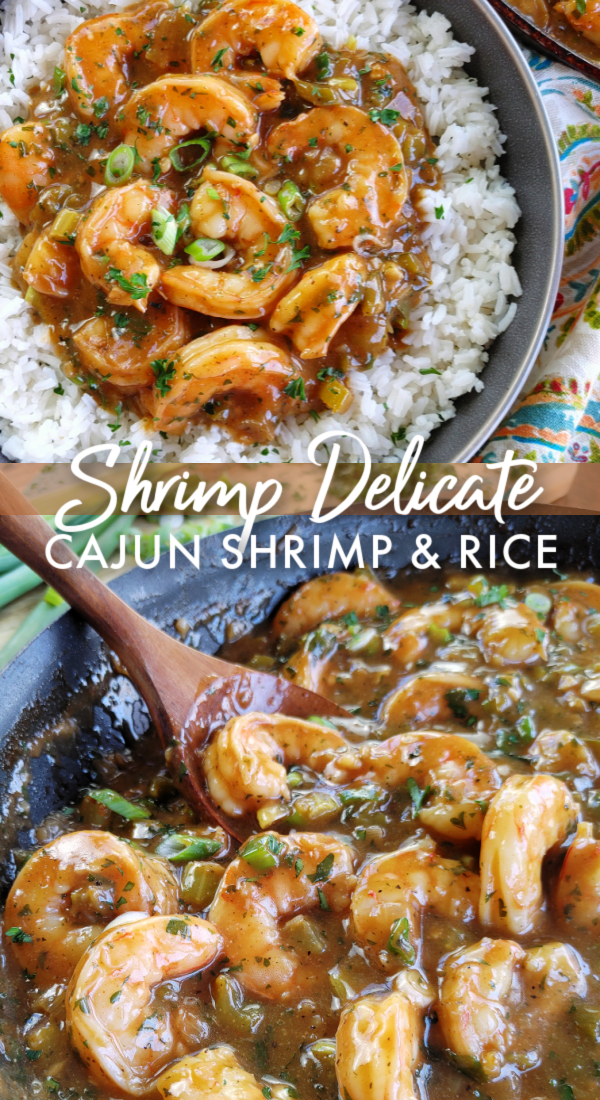 Collage Photo of Shrimp Delicate (Cajun Shrimp & Rice), top photo is shrimp served in bowl over rice. Bottom photo is shrimp in black skillet - recipe by South Your Mouth