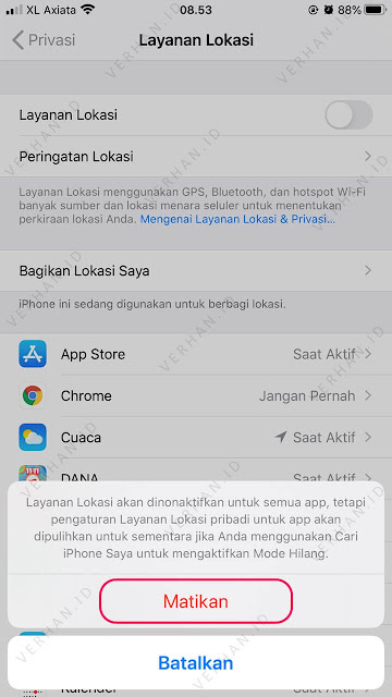 mematikan lokasi di iphone