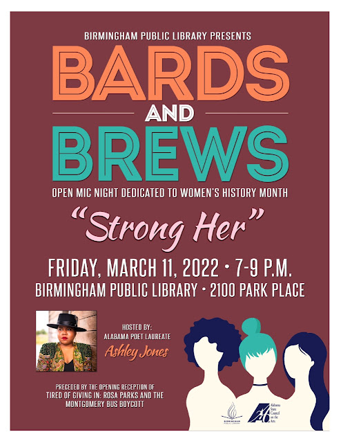 Bards & Brews Flyer featuring AL Poet Laureate Ashley Jones themed "Strong Her"