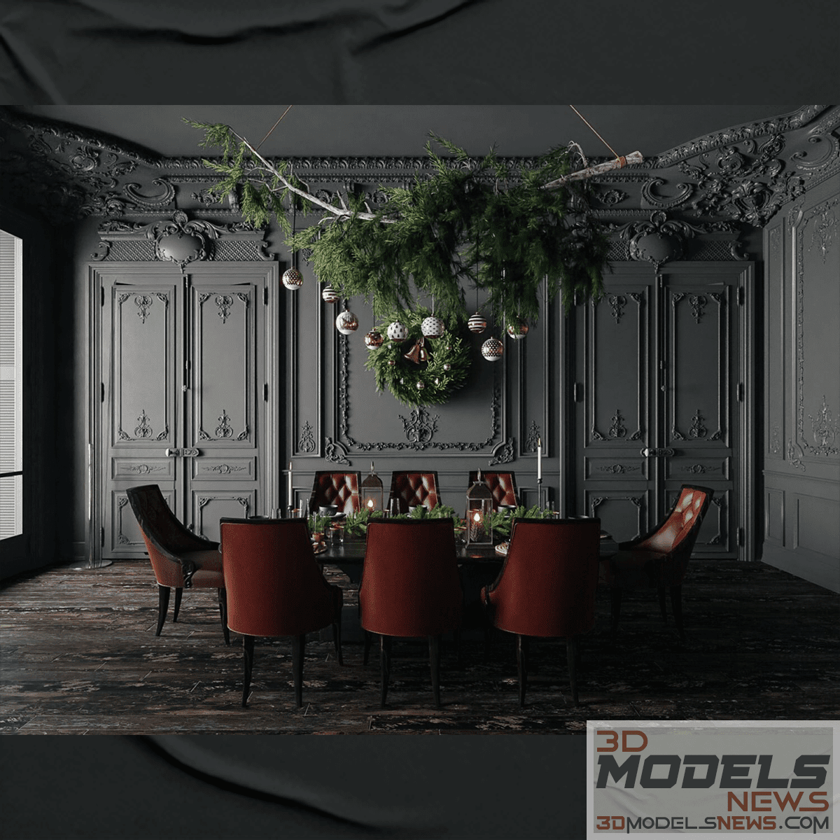 Dark classic interior scene for living room and dining room 5