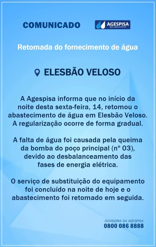 Elesbão Veloso: AGESPISA informa retorno de água para consumidores, após mais um problema no poço 3