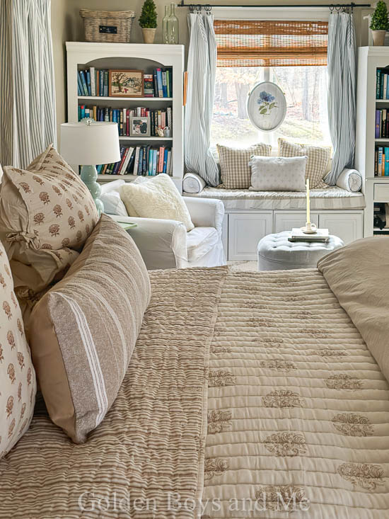 Neutral winter decor in bedroom with block print bedding - www.goldenboysandme.com