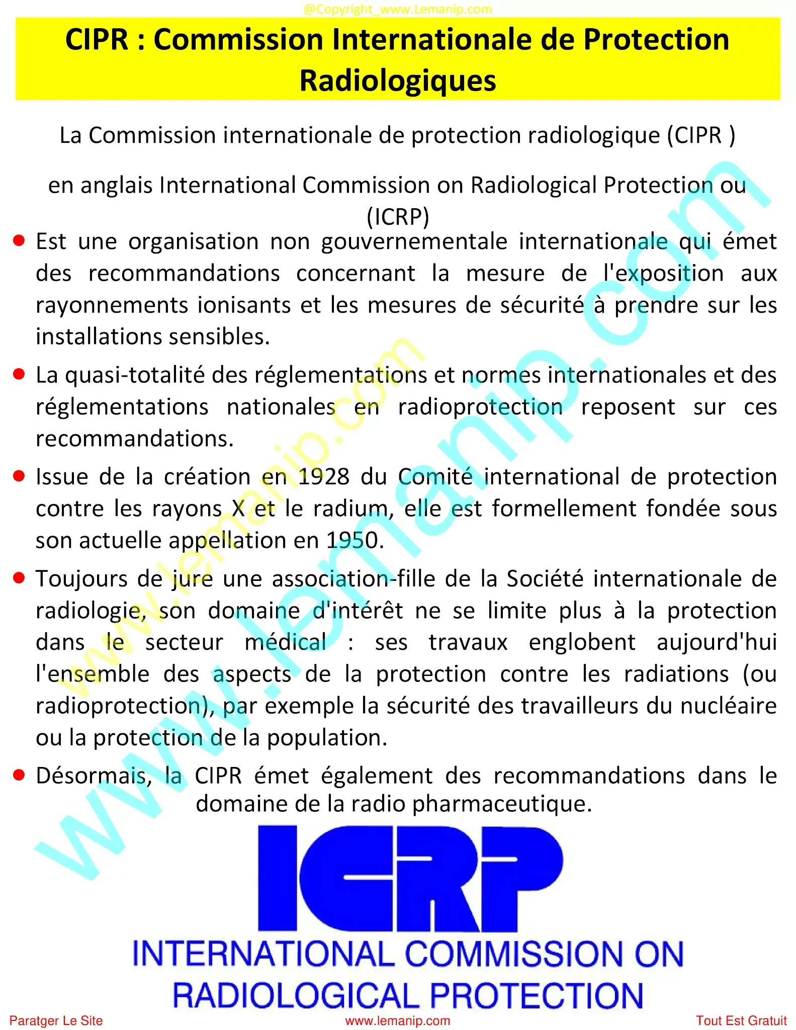 CIPR : Commission Internationale de Protection Radiologiques