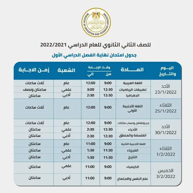 جدول اختبارات الصف الثانى الثانوى