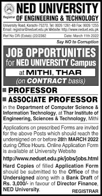 Ned University Of Engineering & Technology NEDUET Jobs 2022