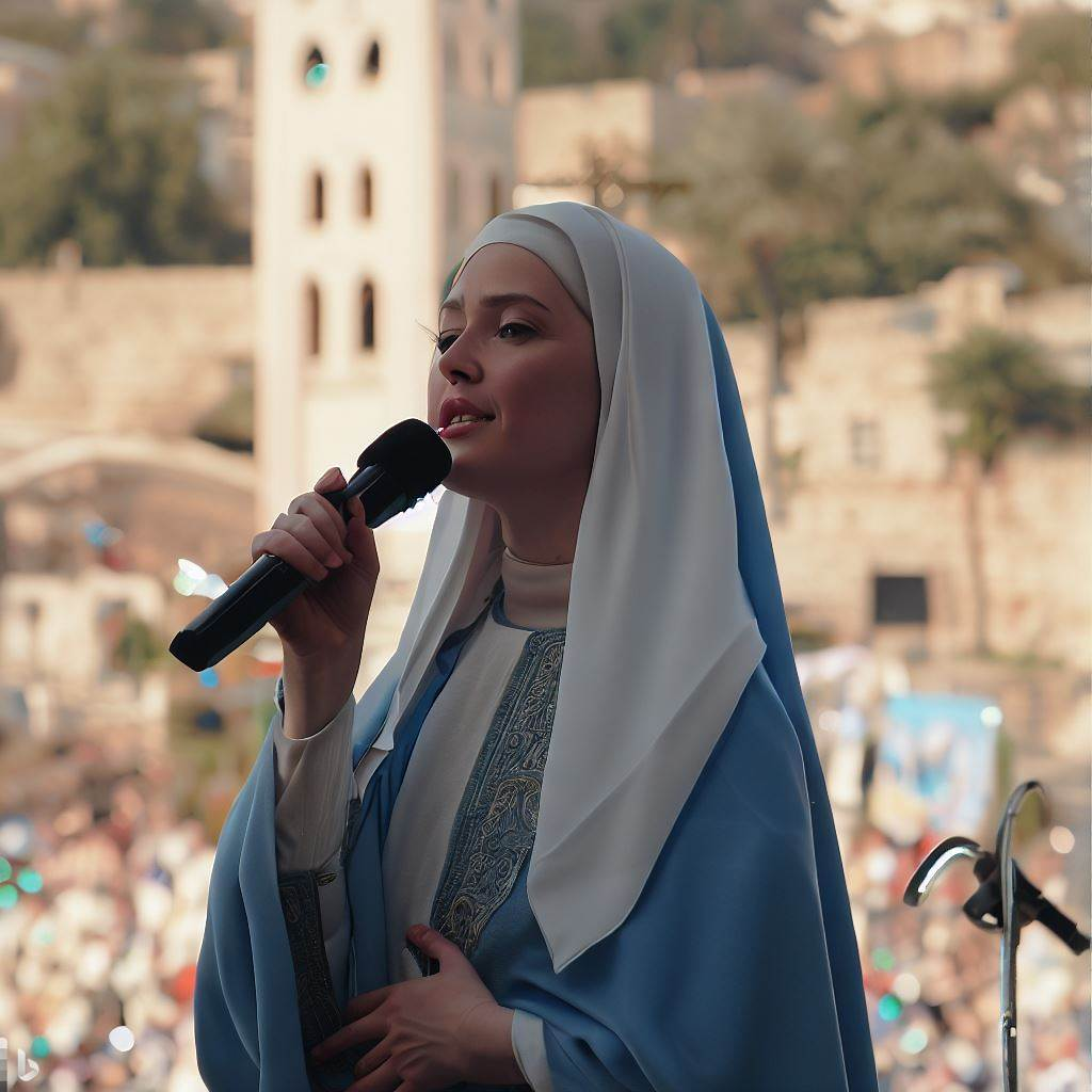 Mary singing into a microphone, many fingers showing (AI)