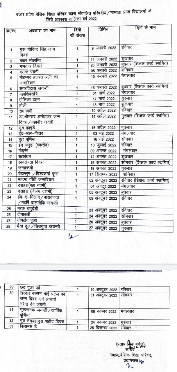 प्राइमरी का मास्टर अवकाश तालिका 2022