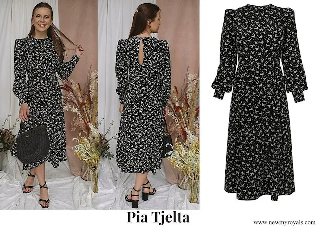 Crown Princess Mette-Marit wore PIA TJELTA Alicia midi dress birds flying high black
