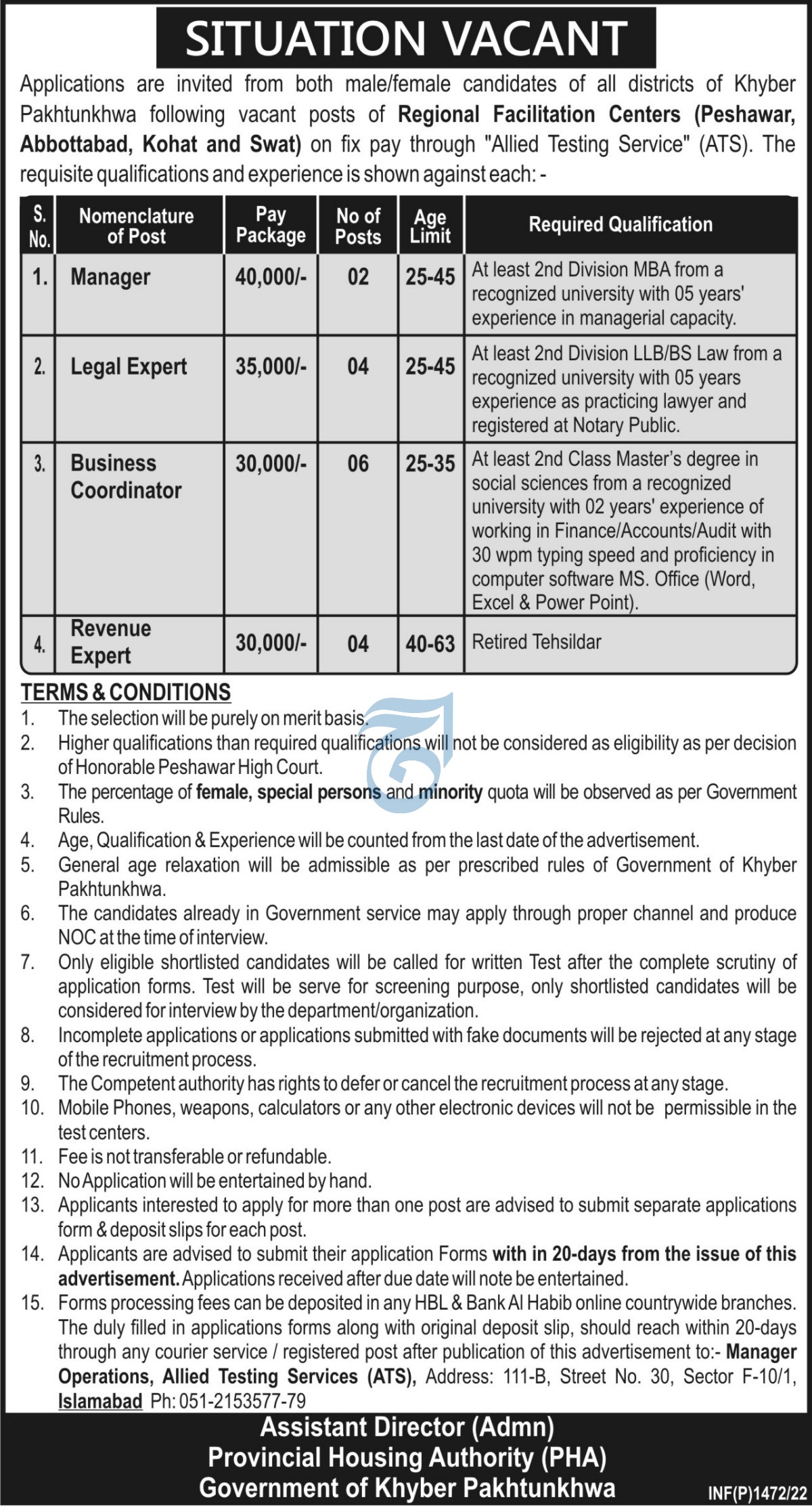 Latest Provincial Housing Authority Management Posts Peshawar 2022