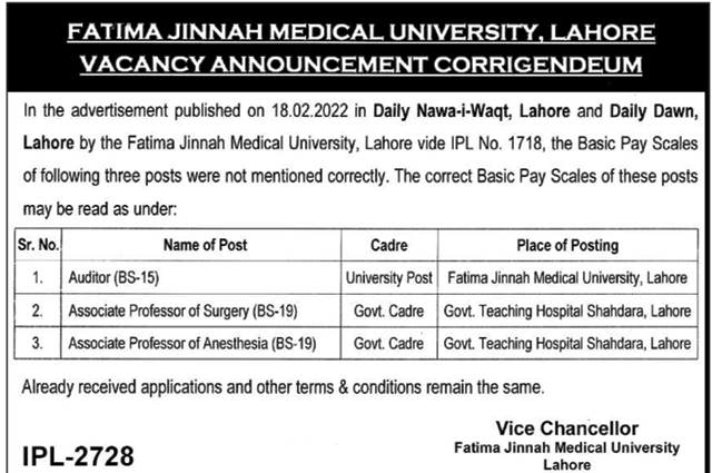 Latest Fatima Jinnah Medical University FJMU Education Posts Lahore 2022