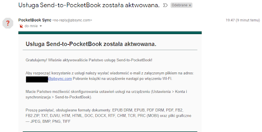 Email z informacją o aktywacji usługi Send-to-PocketBook