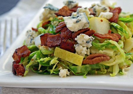 Brussels Sprout Slaw with Pears, Bacon, Pecans and Blue Cheese