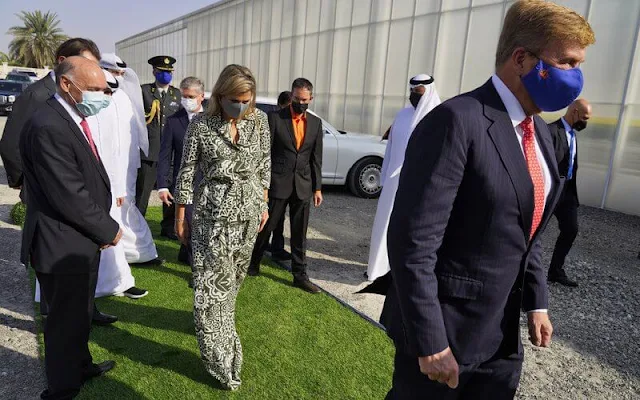 Pure Harvest strawberry farm near Sweihan in Abu Dhabi. Queen Maxima wore printed jumpsuit, blouse and trousers by Natan Couture
