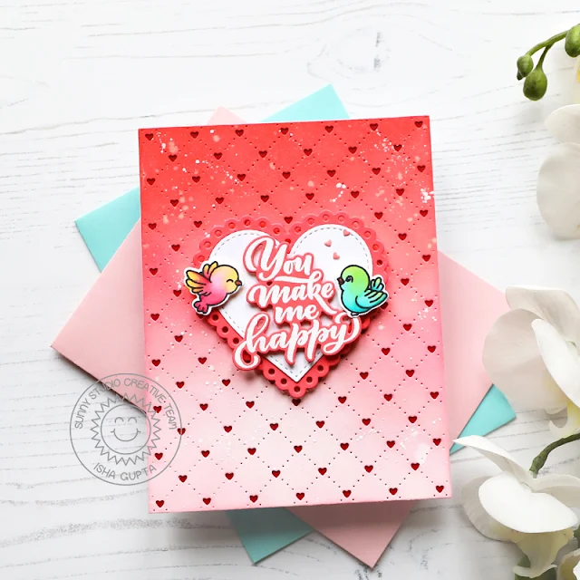 Sunny Studio Stamps: Quilted Hearts Die Card by Isha Gupta (featuring Lovey Dovey, Little Birdie, Scalloped Heart Dies, Stitched Heart Dies)