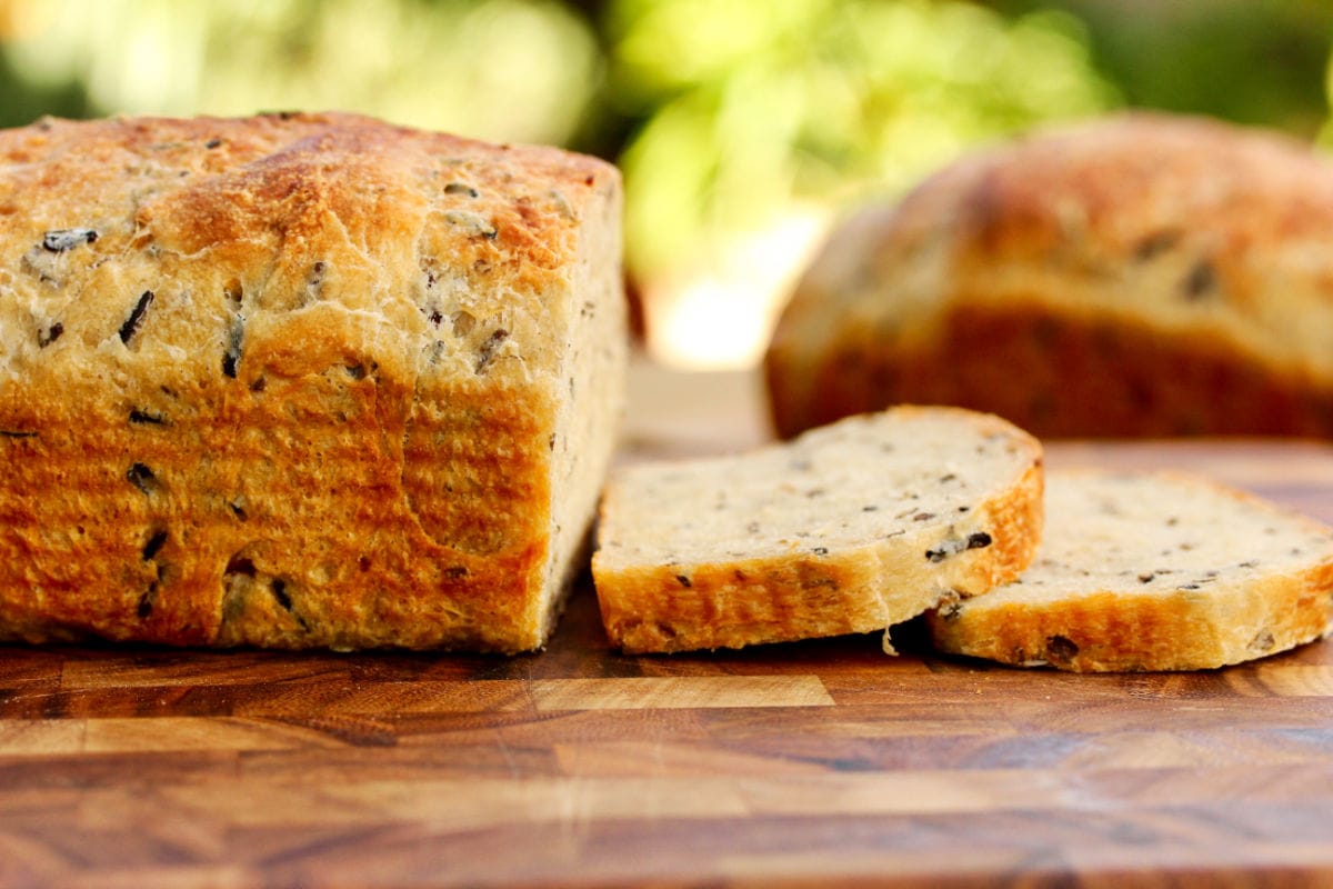 Wild Rice and Onion Bread on cutting board.