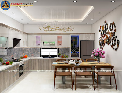 Tủ bếp đẹp chữ L vân gỗ nhà anh Tú - Quảng Ninh