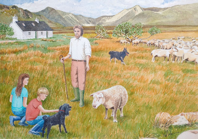 Watercolour of a girl, boy and a poodle meeting a shepherd with his dog and sheep, "Meeting a shepherd," by William Walkington.