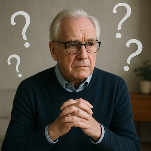 "Worried senior man with gray hair and glasses sitting pensively, surrounded by question marks – symbolizing anxiety and mental confusion in old age."