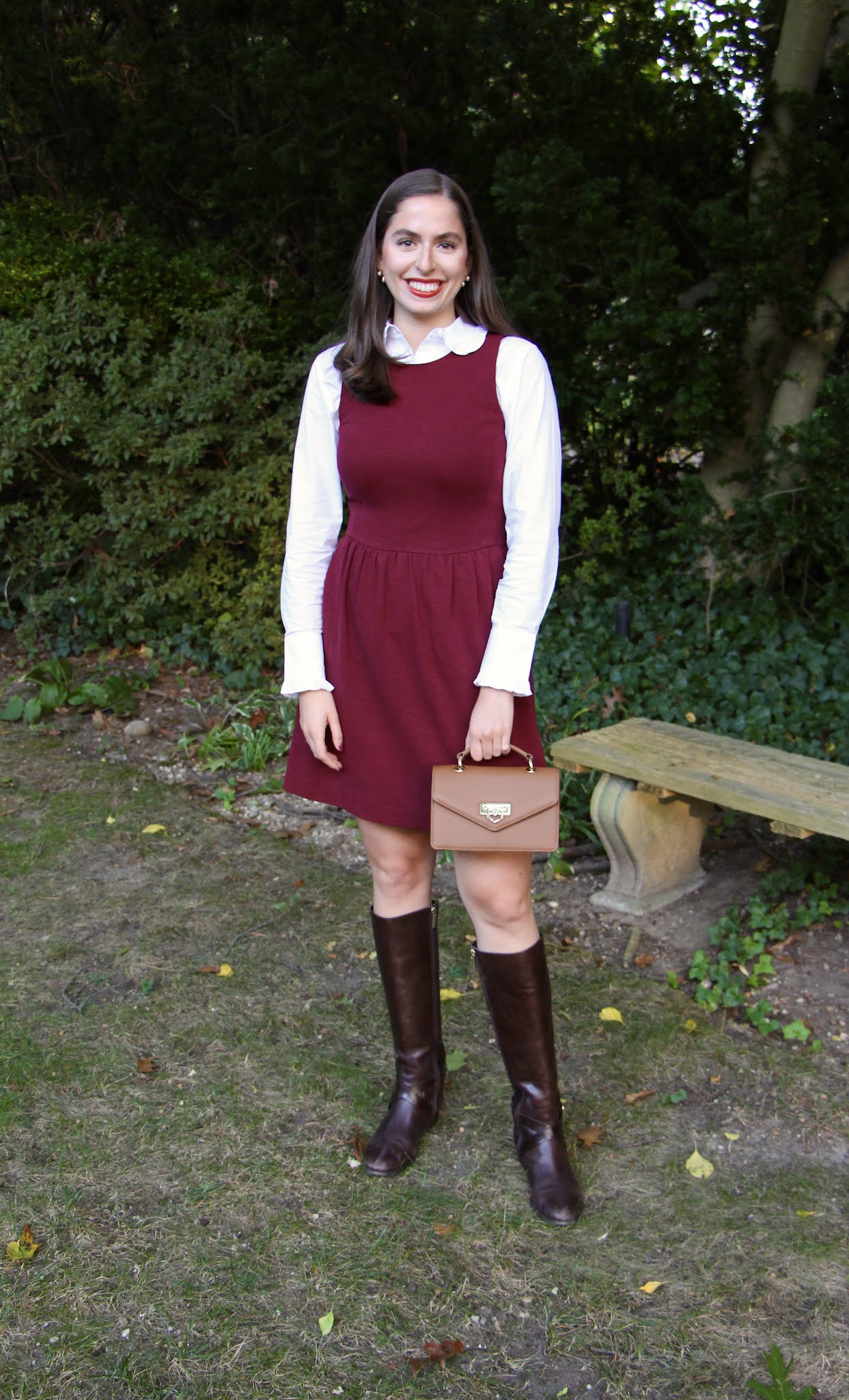 knee high boots, riding boots, jumper dress, white button down