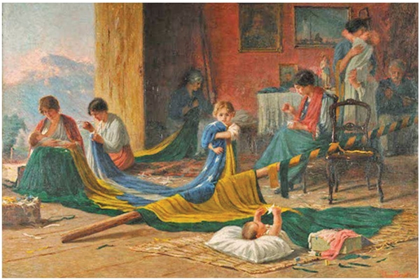 A imagem a seguir representa um óleo sobre tela de Pedro Bruno, 1919, denominado “A pátria”. As personagens femininas representam o caráter de gênero atribuído à República brasileira.