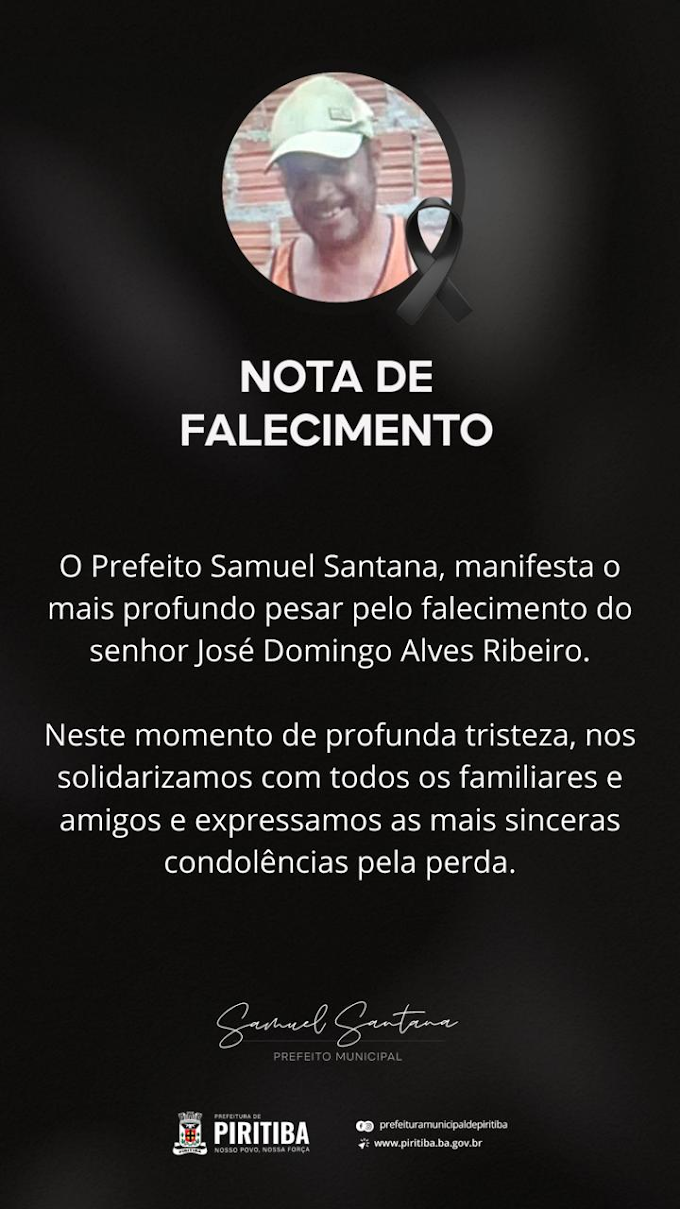 Prefeito Samuel Santana emite nota de pesar pelo falecimento do senhor José Domingo Alves