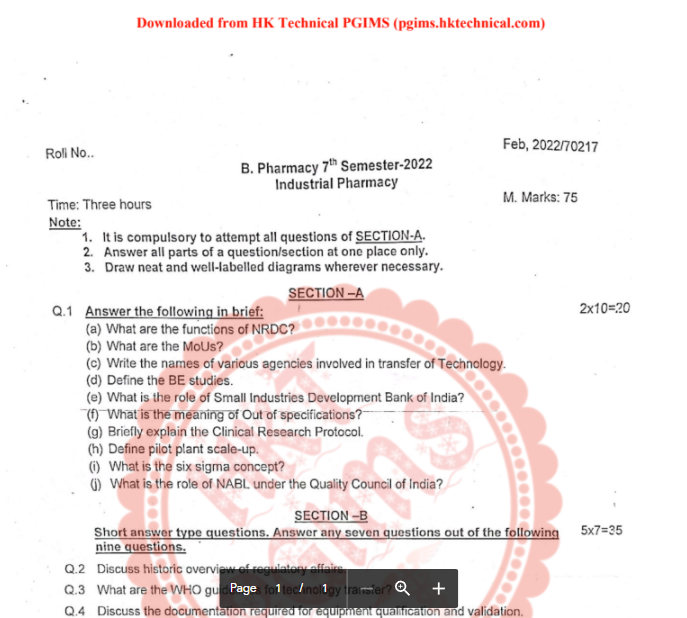 INDUSTRIAL PHARMACY II UHSR 7th Semester B.Pharmacy Previous Year's Question Paper,BP702T Industrial Pharmacy,BPharmacy,BPharm 7th Semester,Previous Year's Question Papers,PGIMS Question Paper,Industrial Pharmacy,