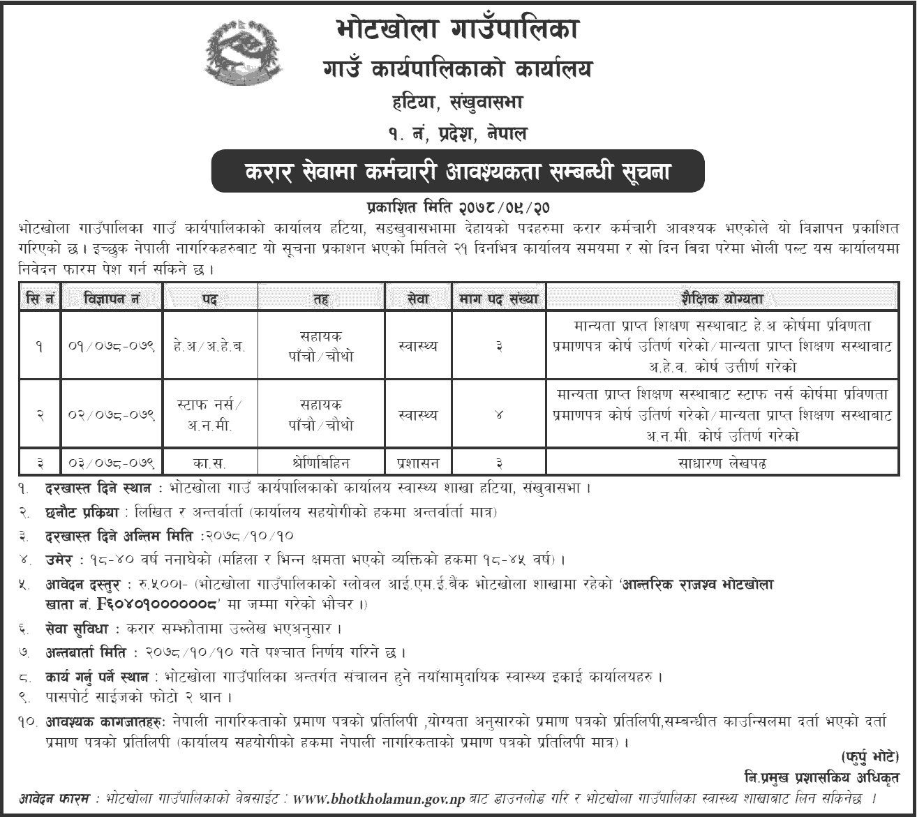 Bhotkhola Rural Municipality Vacancy for HA, AHW, Nurse, ANM and Office Helper