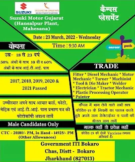 ITI Jobs 2022 For Suzuki Motor ITI Campus Placement Drive in Govt ITI Bokaro, Jharkhand On 23 March 2022