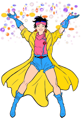 ID: a cartoon depiction of the X-Men character Jubilee throws hands in the air in a power stance.