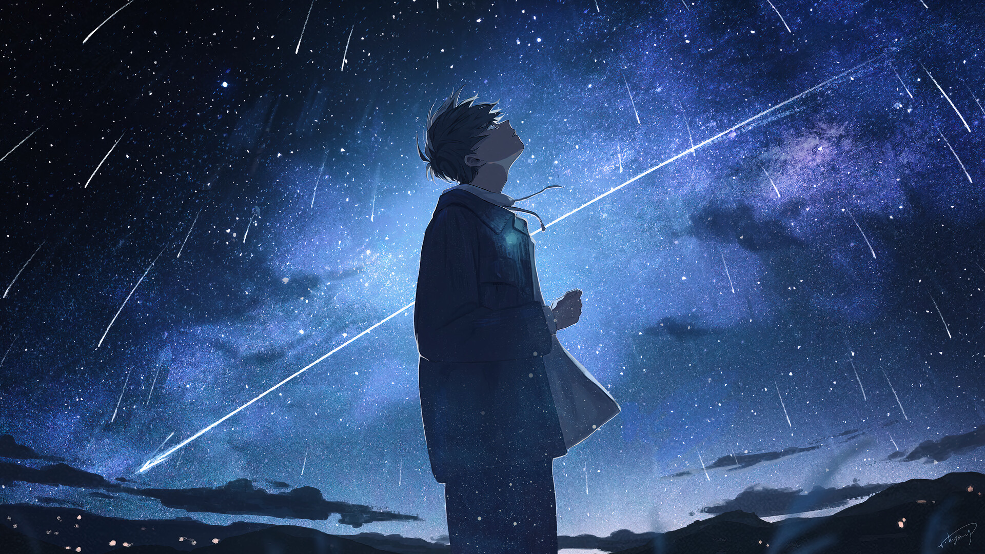 Anime Boy Alone Night Stars Scenery Wallpapers