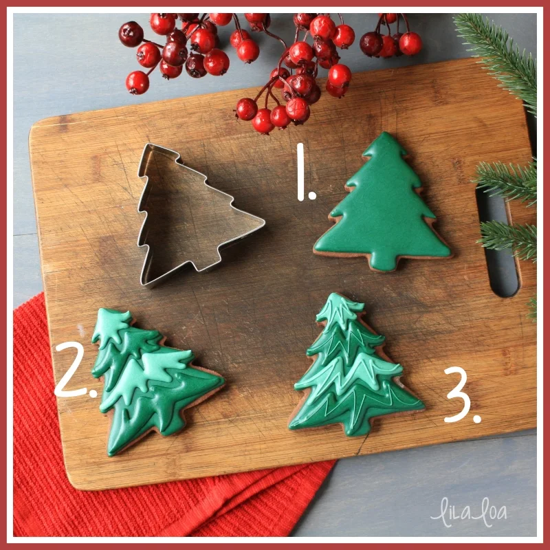 Decorated royal icing Christmas tree sugar cookie tutorial with step-by-step instructions