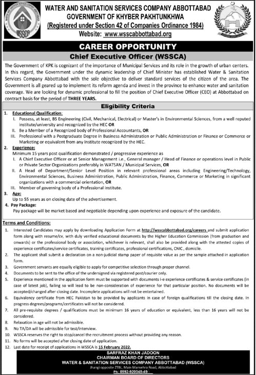 Water & Sanitation Services Company Abbottabad CEO jobs 2022