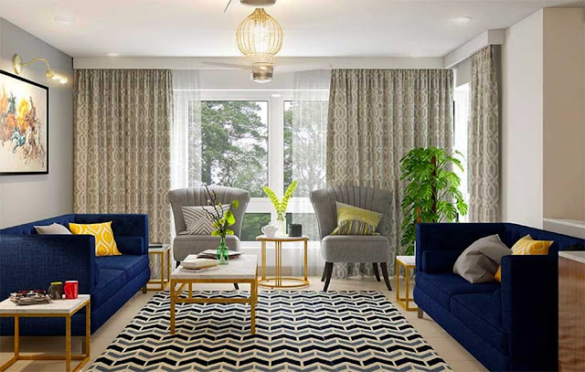 Patterned curtains Match with grey Walls blue Sofa and Couch