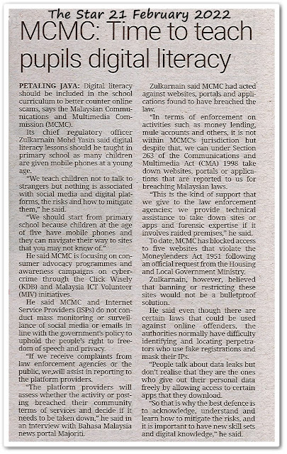 MCMC : Time to teach pupils digital literacy - Keratan akhbar The Star 21 February 2022