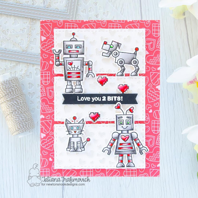 Robot Valentine Card by Tatiana Trafimovich | Love Bots Stamp Set, Petite Hearts Stencil, Love & Meows Paper Pad and A7 Frames & Banners Die Set by Newton's Nook Designs