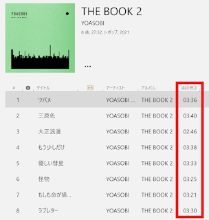 YOASOBI "THE BOOK II"　曲の長さ