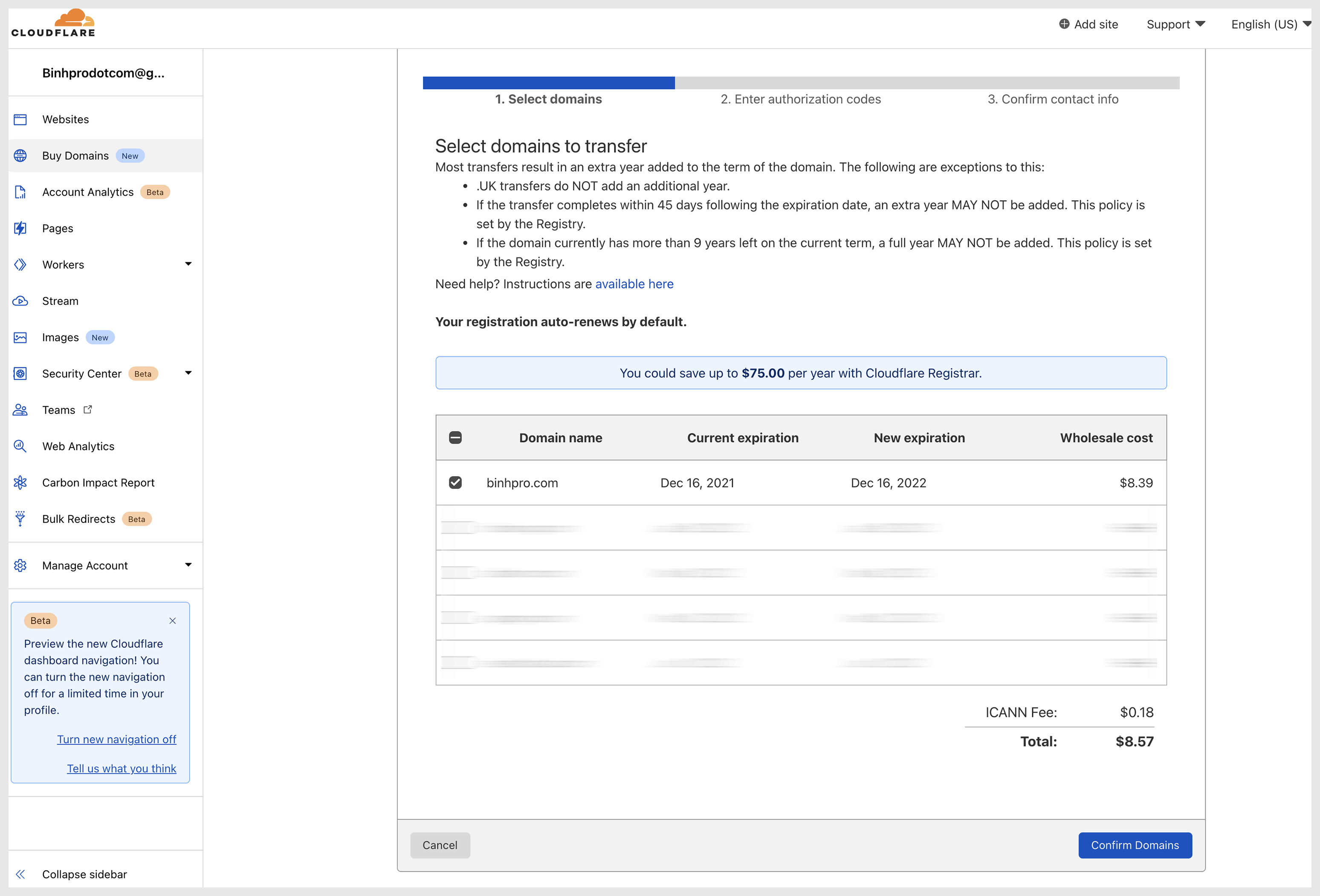 Transfer tên miền về Cloudflare